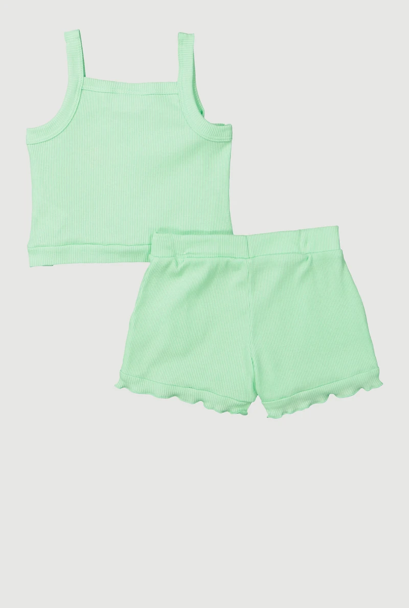 Toddler Girls Flower Detail Tank Top and Shorts with Sunglasses, Green, Size 2T