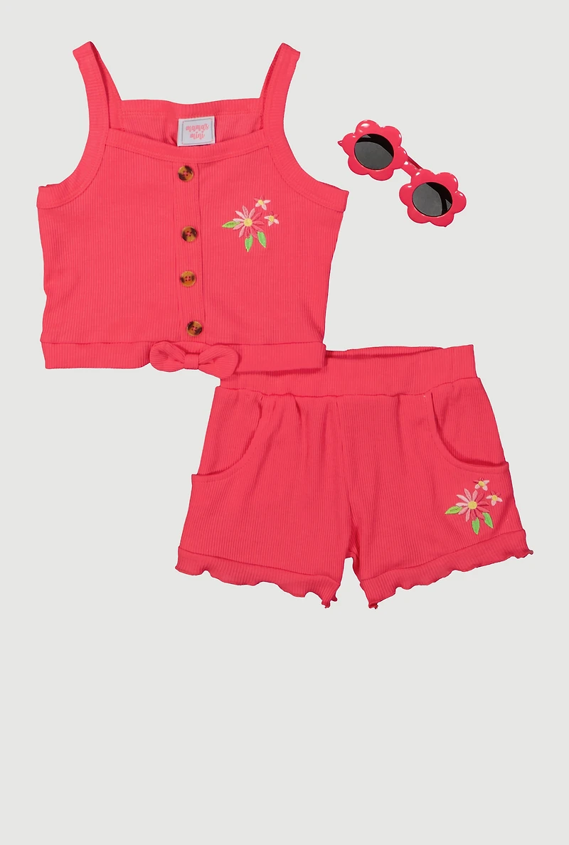 Toddler Girls Flower Detail Tank Top and Shorts with Sunglasses