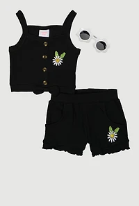 Toddler Girls Daisy Detail Tank Top and Shorts with Sunglasses, Black, Size 3T
