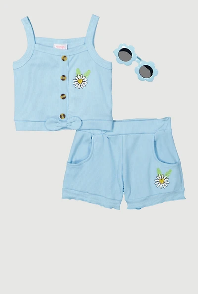 Toddler Girls Daisy Detail Tank Top and Shorts with Sunglasses, Blue, Size 2T