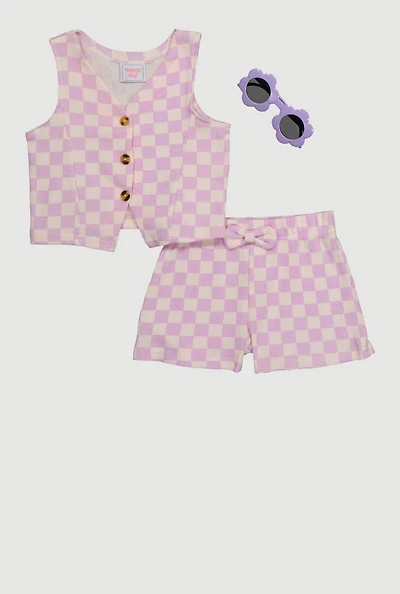 Toddler Girls Checkered Rib Knit Vest and Shorts with Sunglasses, Purple, Size 3T