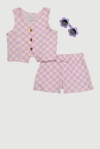 Toddler Girls Checkered Rib Knit Vest and Shorts with Sunglasses, Purple, Size 3T