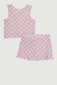 Toddler Girls Checkered Rib Knit Vest and Shorts with Sunglasses, Purple, Size 2T