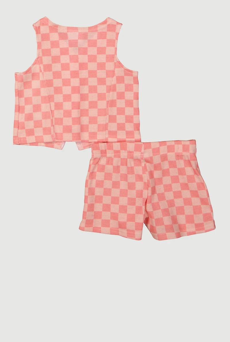 Toddler Girls Checkered Rib Knit Vest and Shorts with Sunglasses, Orange, Size 4T
