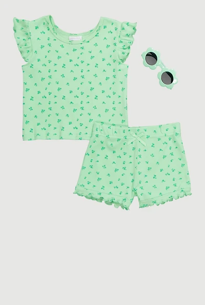 Toddler Girls Ditsy Print Top and Shorts with Sunglasses,