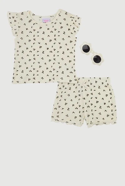 Toddler Girls Ditsy Print Top and Shorts with Sunglasses, Multi, Size 2T