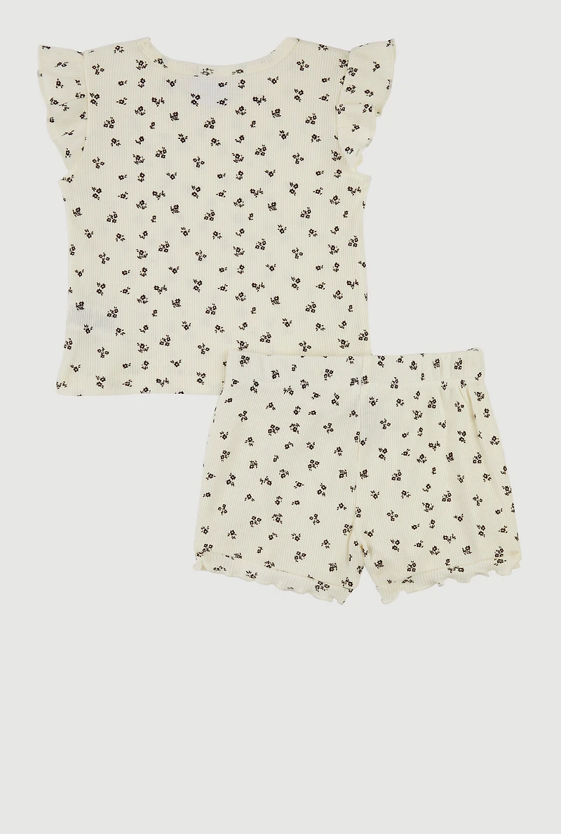 Toddler Girls Ditsy Print Top and Shorts with Sunglasses, White, Size 4T