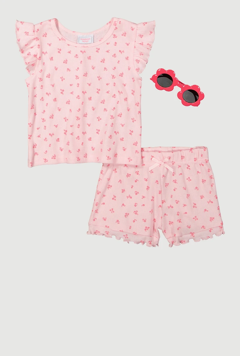 Toddler Girls Ditsy Print Top and Shorts with Sunglasses