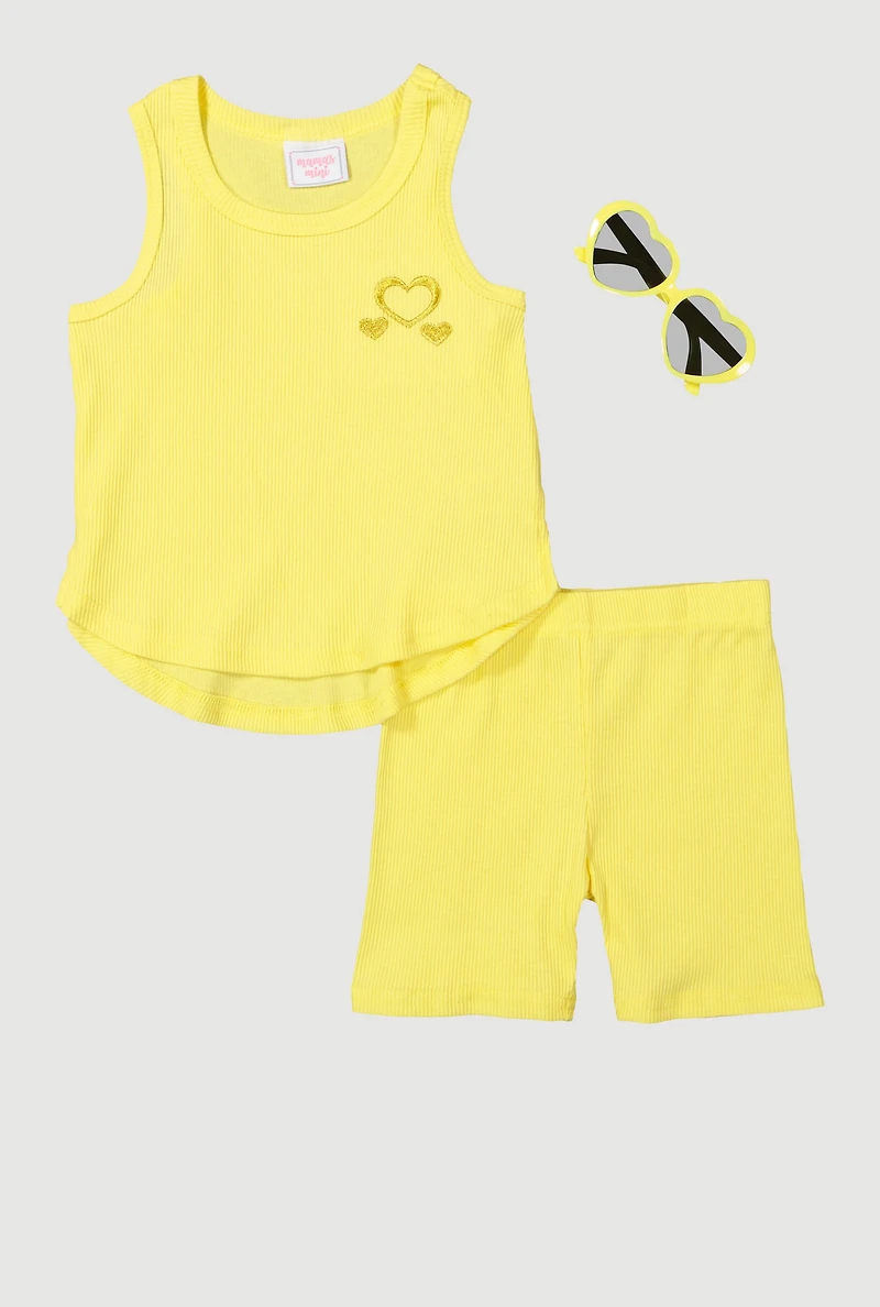 Toddler Girls Embroidered Tank Top and Shorts 3 Piece Set, Yellow, Size 2T