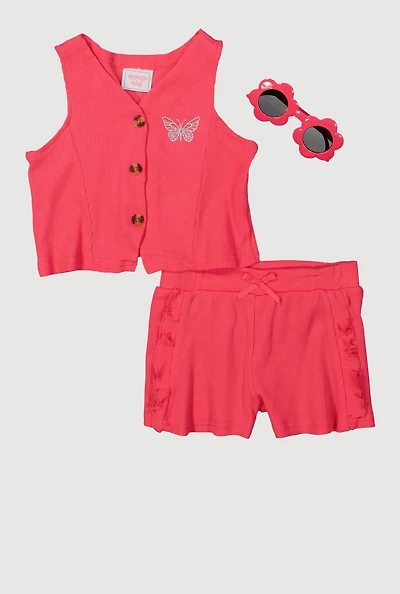 Toddler Girls Rib Knit Butterfly Vest and Shorts with Sunglasses, 3T