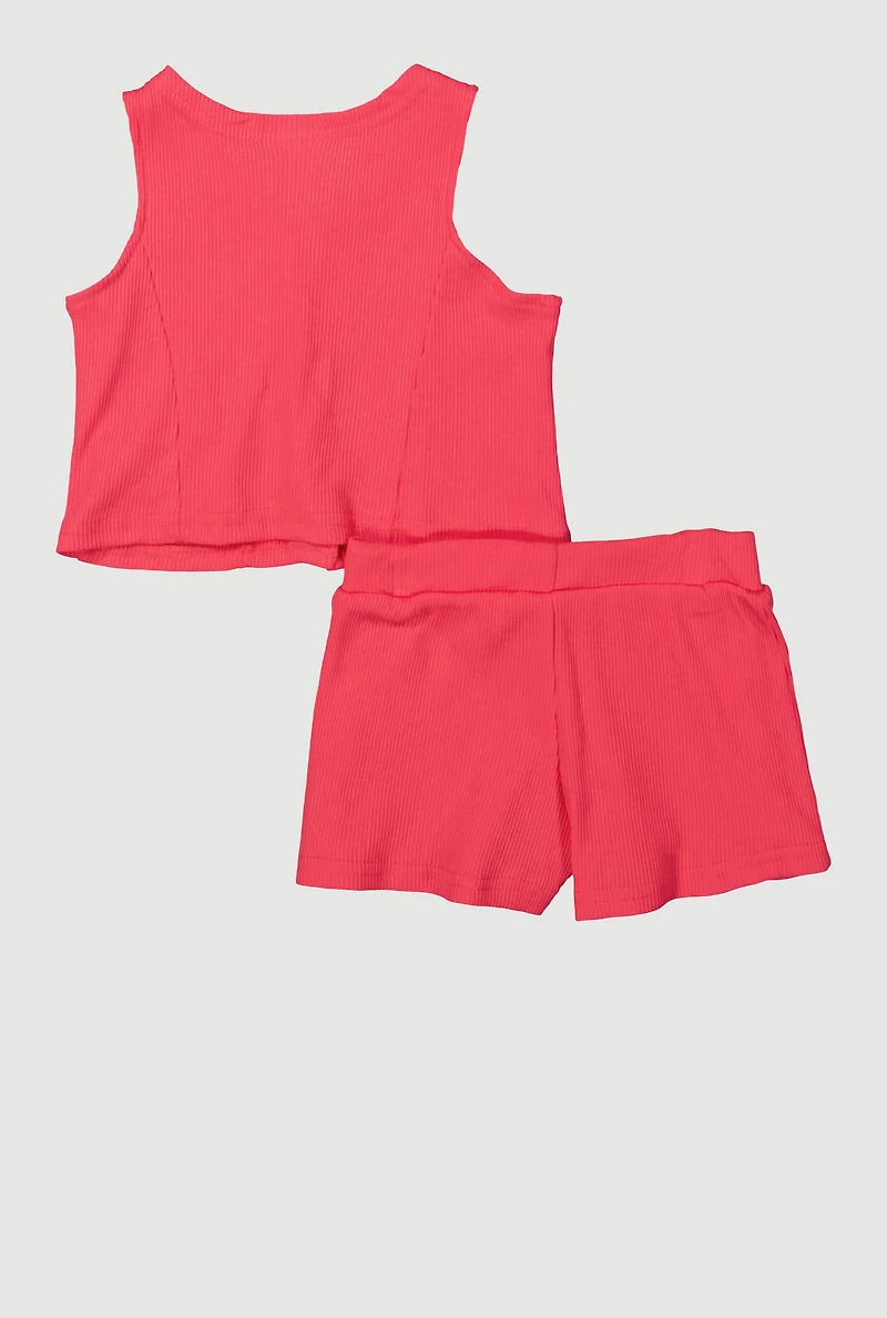 Toddler Girls Rib Knit Butterfly Vest and Shorts with Sunglasses