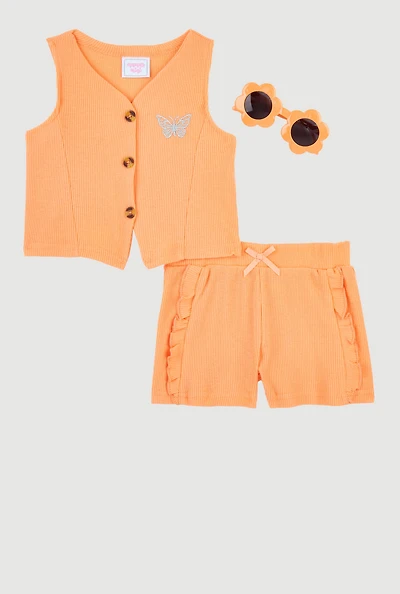 Toddler Girls Rib Knit Butterfly Vest and Shorts with Sunglasses, Orange,