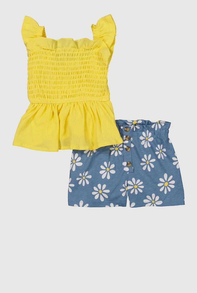 Toddler Girls Smocked Peplum Top and Daisy Print Shorts, Multi, Size 4T
