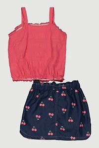 Toddler Girls Smocked Top and Cherry Print Chambray Skirt