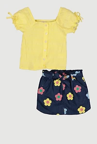Toddler Girls Button Front Top and Flower Print Skirt