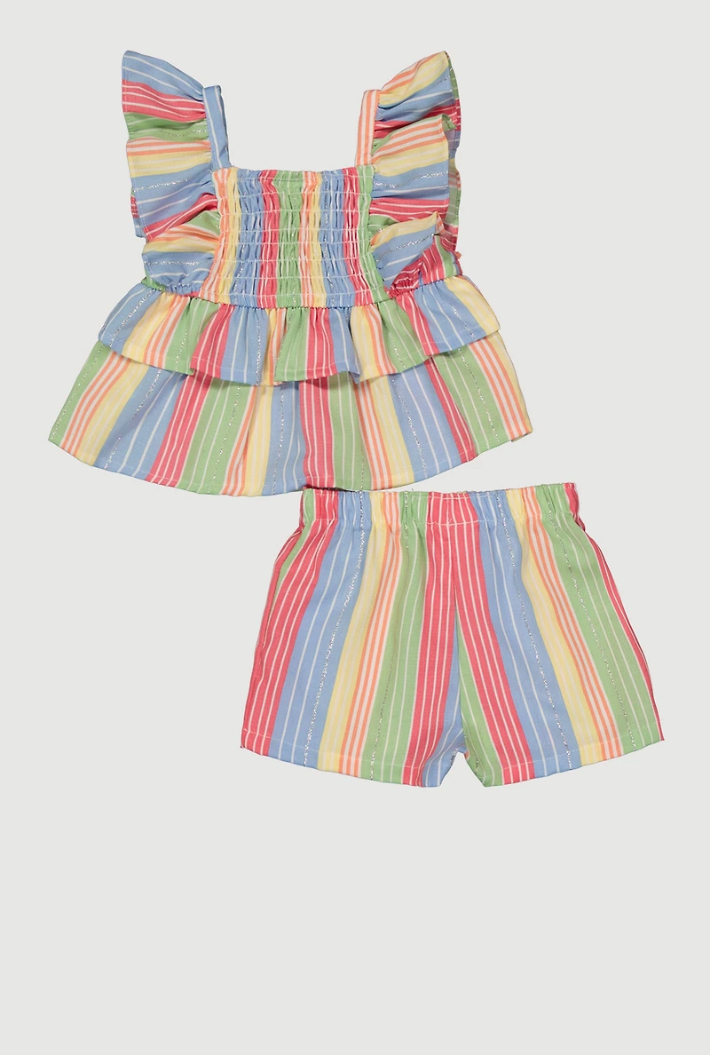Toddler Girls Striped Smocked Ruffle Sleeveless Top and Shorts