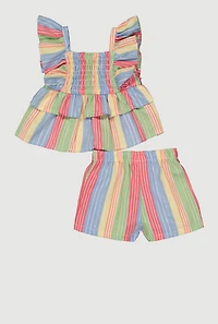 Toddler Girls Striped Smocked Ruffle Sleeveless Top and Shorts