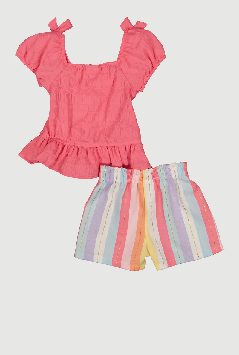 Toddler Girls Smocked Button Front Top and Glitter Striped Shorts