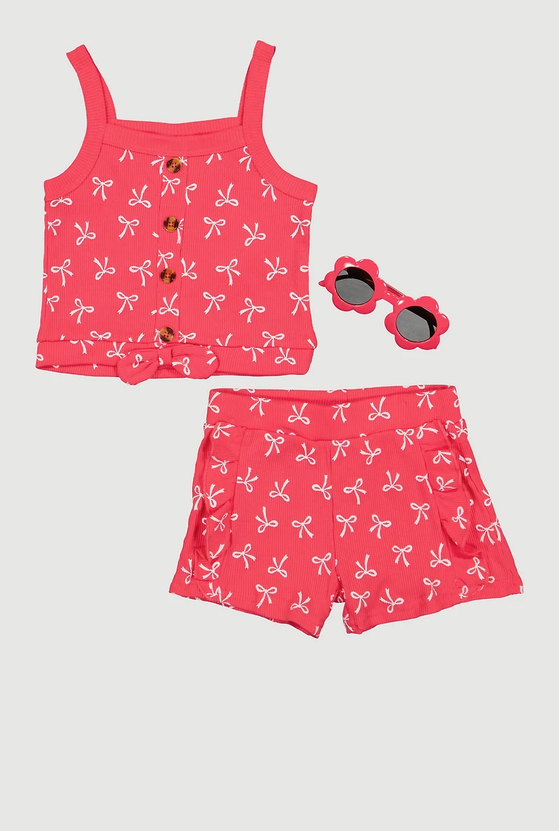 Toddler Girls Bow Print Tank Top and Shorts with Sunglasses