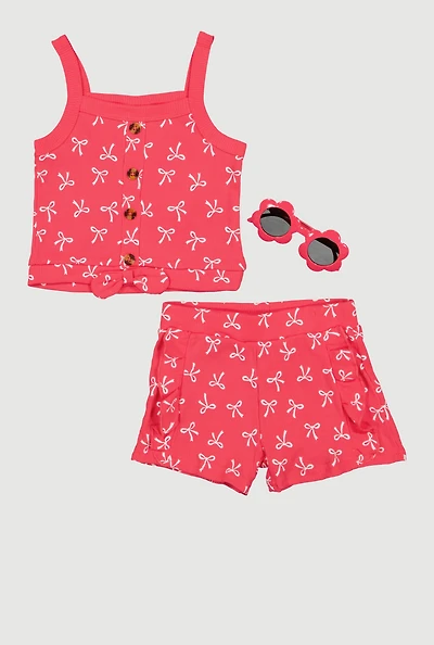 Toddler Girls Bow Print Tank Top and Shorts with Sunglasses
