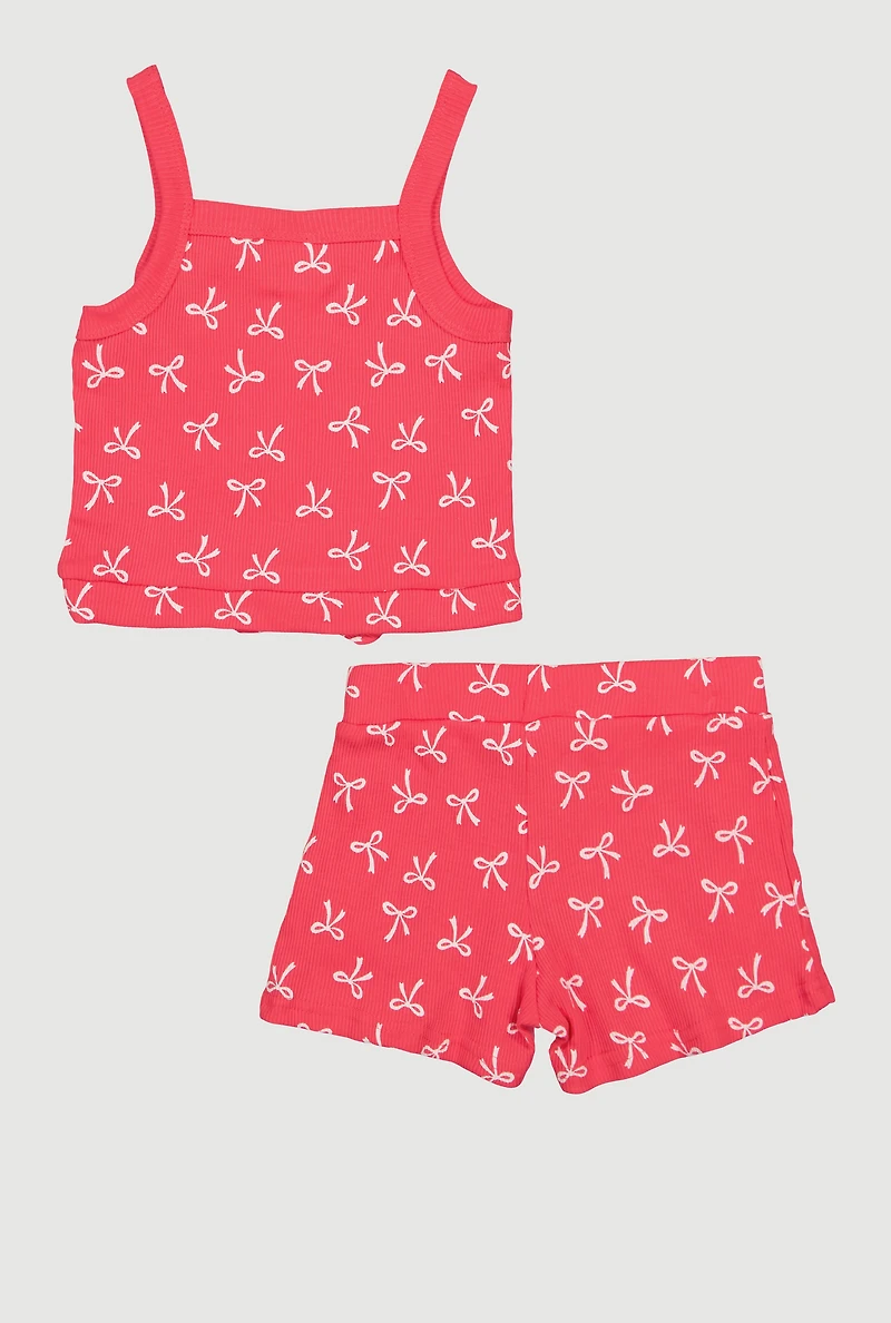 Toddler Girls Bow Print Tank Top and Shorts with Sunglasses