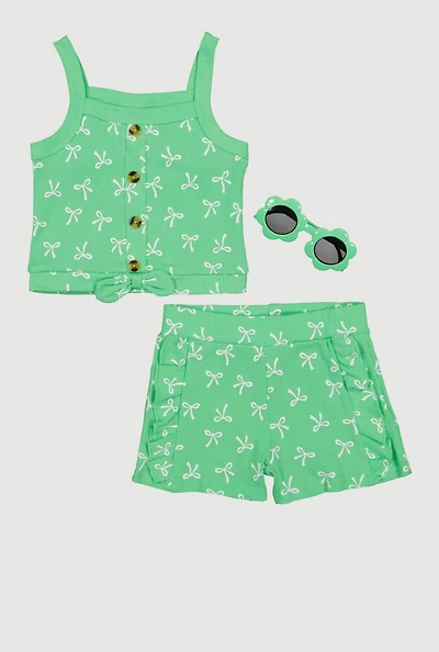 Toddler Girls Bow Pattern Tank Top and Shorts with Sunglasses