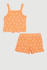 Toddler Girls Bow Print Tank Top with Shorts and Sunglasses