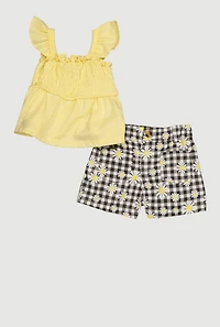 Toddler Girls Smocked Top and Daisy Gingham Shorts, Yellow,