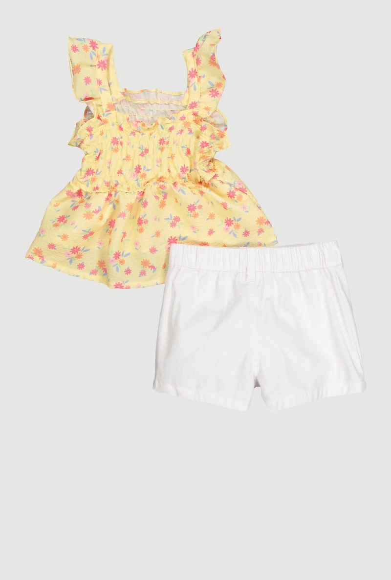 Toddler Girls Floral Print Peplum Top and Shorts, Yellow, Size 4T