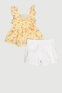 Toddler Girls Floral Print Peplum Top and Shorts, Yellow, Size 4T