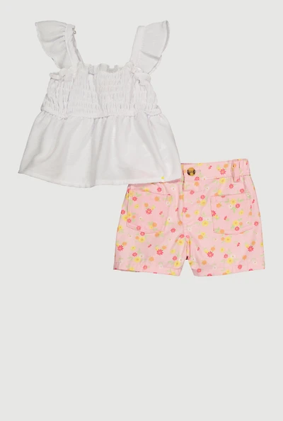 Toddler Girls Sleeveless Ruffle Smocked Top and Floral Shorts, Multi, Size 3T