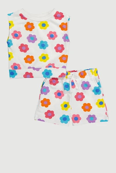 Toddler Girls Flower Print Sleeveless Top and Sweatshorts Set, Multi, Size 4T