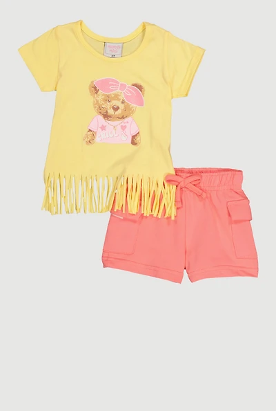 Toddler Girls Chill Teddy Bear Fringe Graphic Tee and Shorts