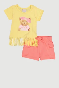Toddler Girls Chill Teddy Bear Fringe Graphic Tee and Shorts