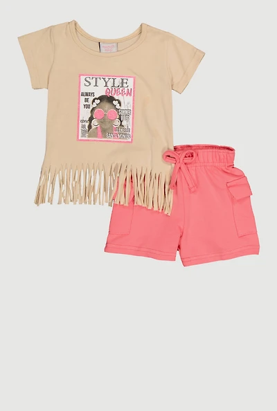 Toddler Girls Style Queen Graphic Fringe Tee and Shorts