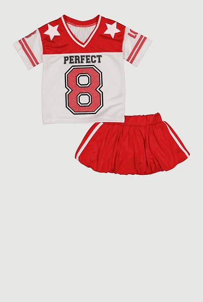 Toddler Girls Perfect 8 Graphic Mesh Jersey and Bubble Hem Skort
