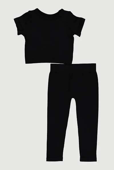 Toddler Girls Rib Knit Short Sleeve Crew Neck Tee and Pants