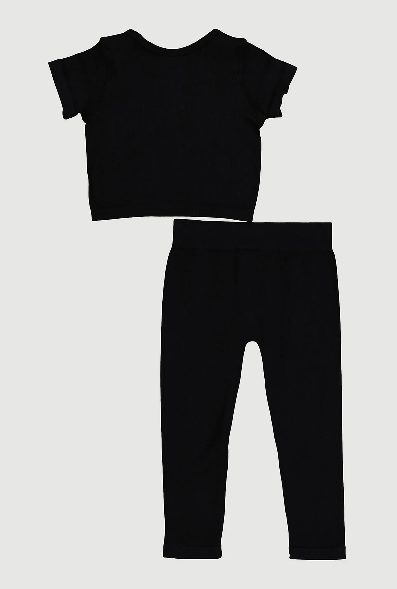 Toddler Girls Rib Knit Short Sleeve Crew Neck Tee and Pants