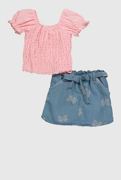 Toddler Girls Trendy Smocked Puff Sleeve Top and Butterfly Print Skirt, Pink, Size 2T