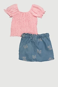 Toddler Girls Trendy Smocked Puff Sleeve Top and Butterfly Print Skirt, Pink, Size 4T