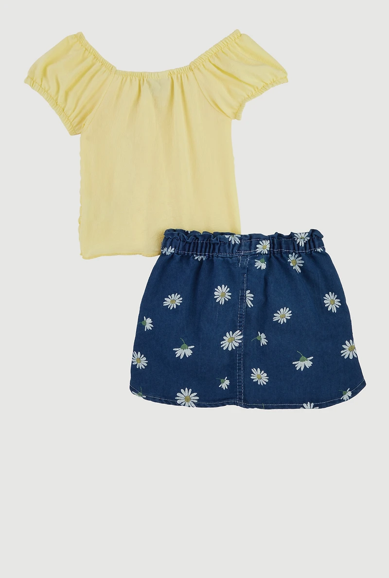 Toddler Girls Puff Sleeve Top and Tie Waist Belted Denim Skirt, Yellow, Size 4T