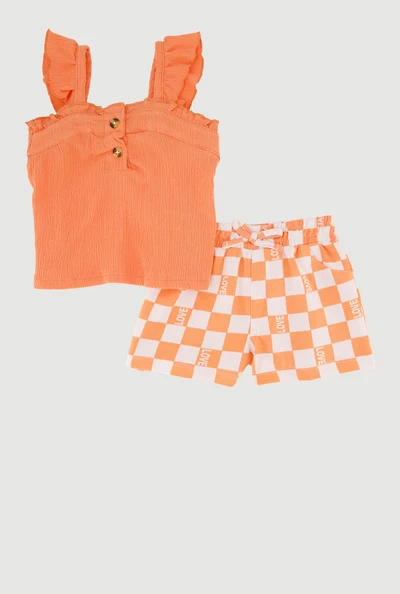 Toddler Girls Ruffle Trim Blouse and Checkered Love Print Shorts