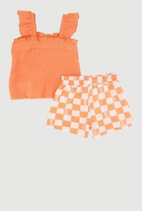 Toddler Girls Ruffle Trim Blouse and Checkered Love Print Shorts