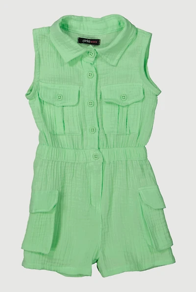 Toddler Girls Gauze Knit Button Front Utility Romper