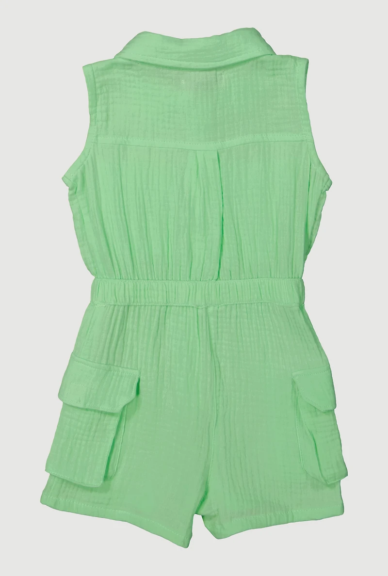 Toddler Girls Gauze Knit Button Front Utility Romper, 2T