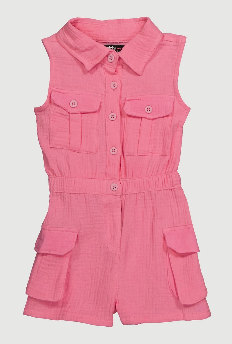 Toddler Girls Gauze Knit Button Front Utility Romper, Pink,