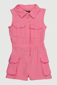 Toddler Girls Gauze Knit Button Front Utility Romper, Pink,