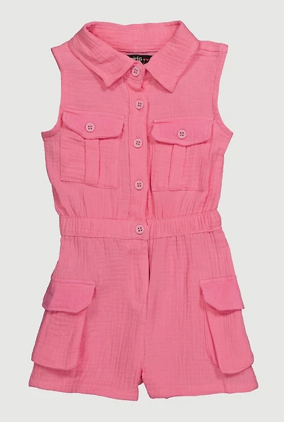 Toddler Girls Gauze Knit Button Front Utility Romper, Pink, Size 3T