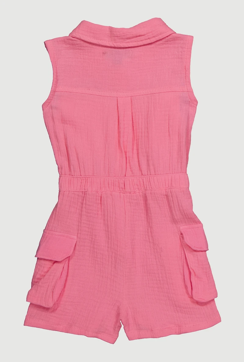 Toddler Girls Gauze Knit Button Front Utility Romper, Pink, Size 3T