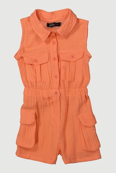 Toddler Girls Gauze Knit Button Front Utility Romper,